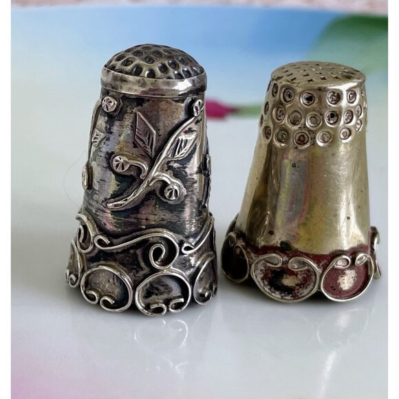 Vintage lot 2 Thimbles Ornate Taxco Mexico Sterling Alpaca silver - Picture 14 of 15